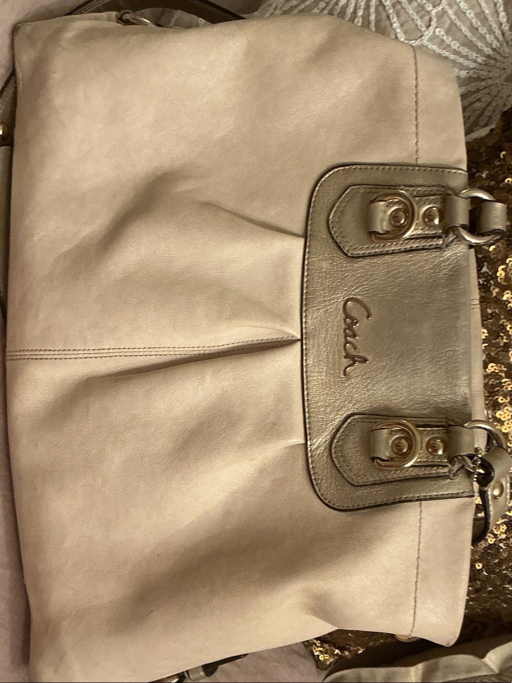 Coach Beige  Leather Shoulder Bag with Gold Hardware